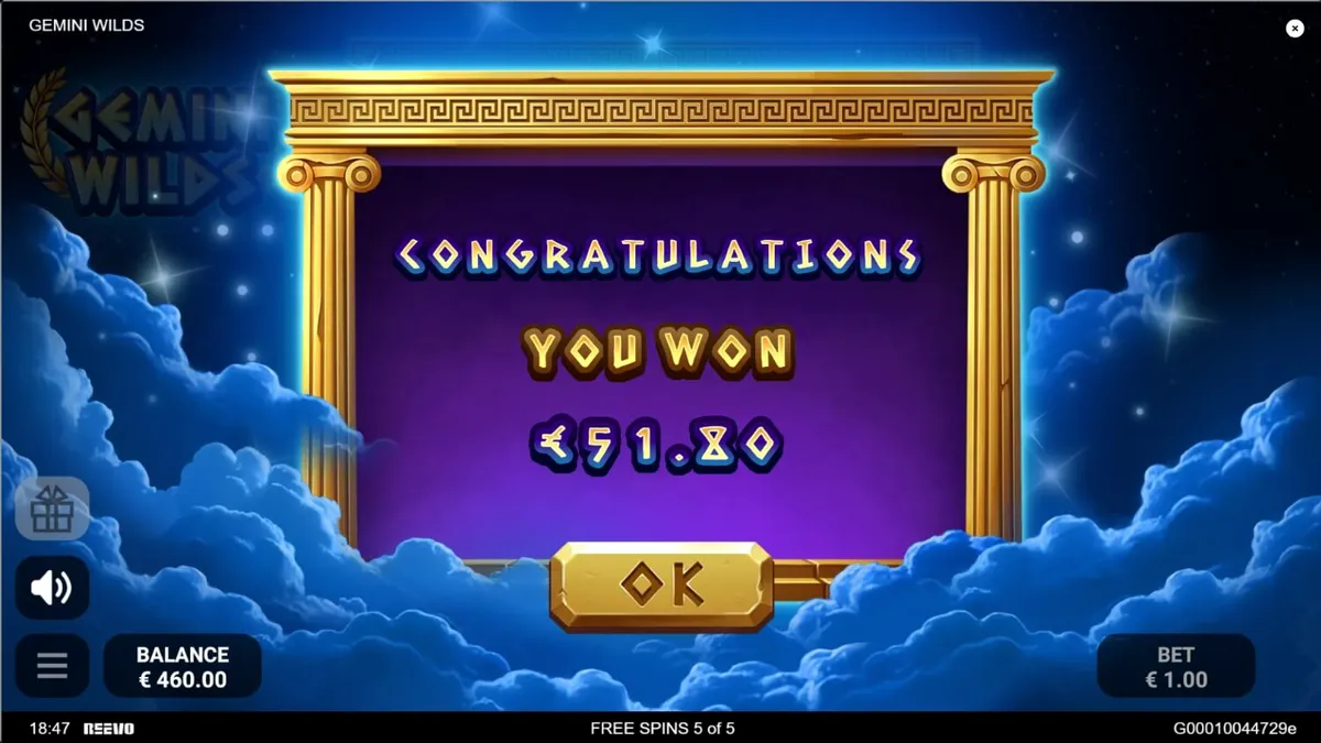 Tampilan visual slot Gemini Wilds dengan tema mitologi Yunani dan simbol konstelasi bintang