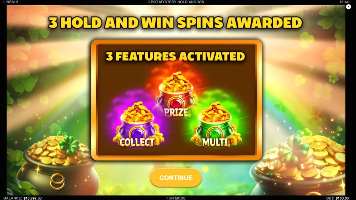 Tampilan visual slot 3 Pot Mystery Hold and Win dengan nuansa emas dan tambang