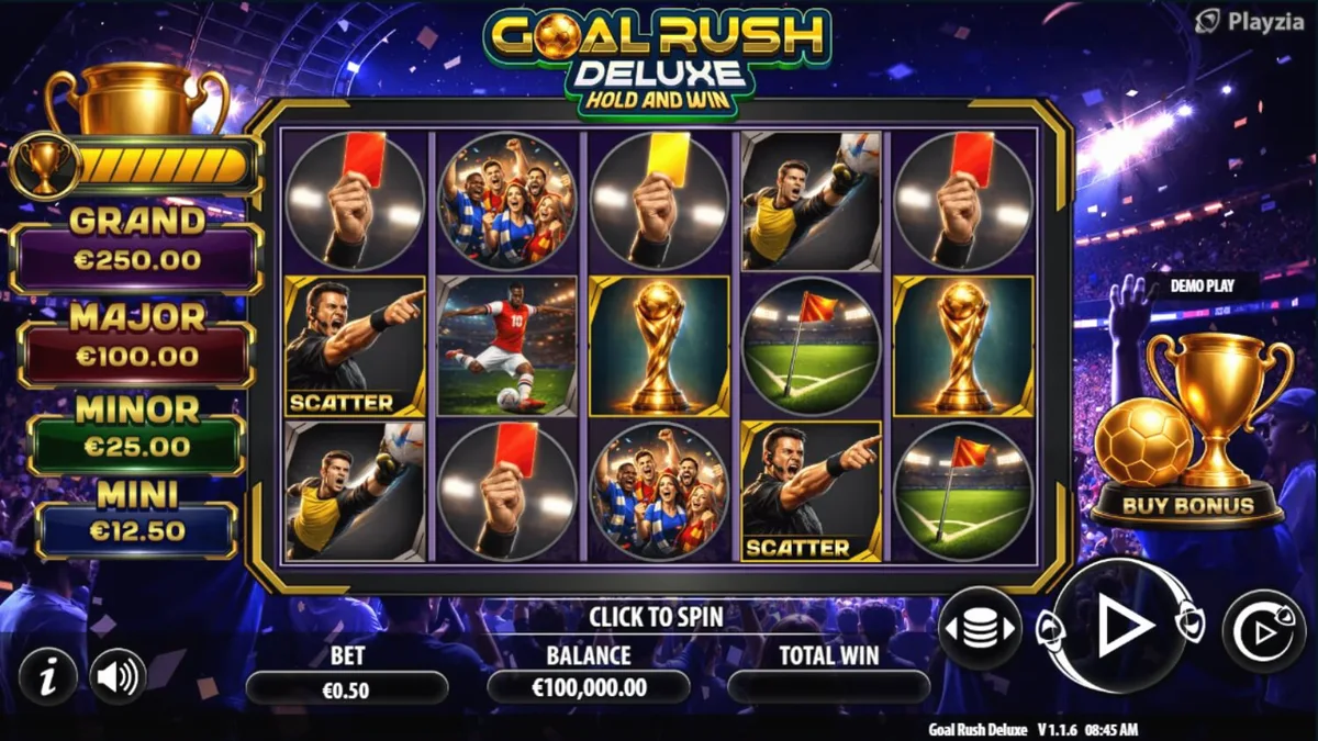 Tampilan visual lapangan sepak bola dan simbol permainan dalam slot Goal Rush Deluxe Hold and Win