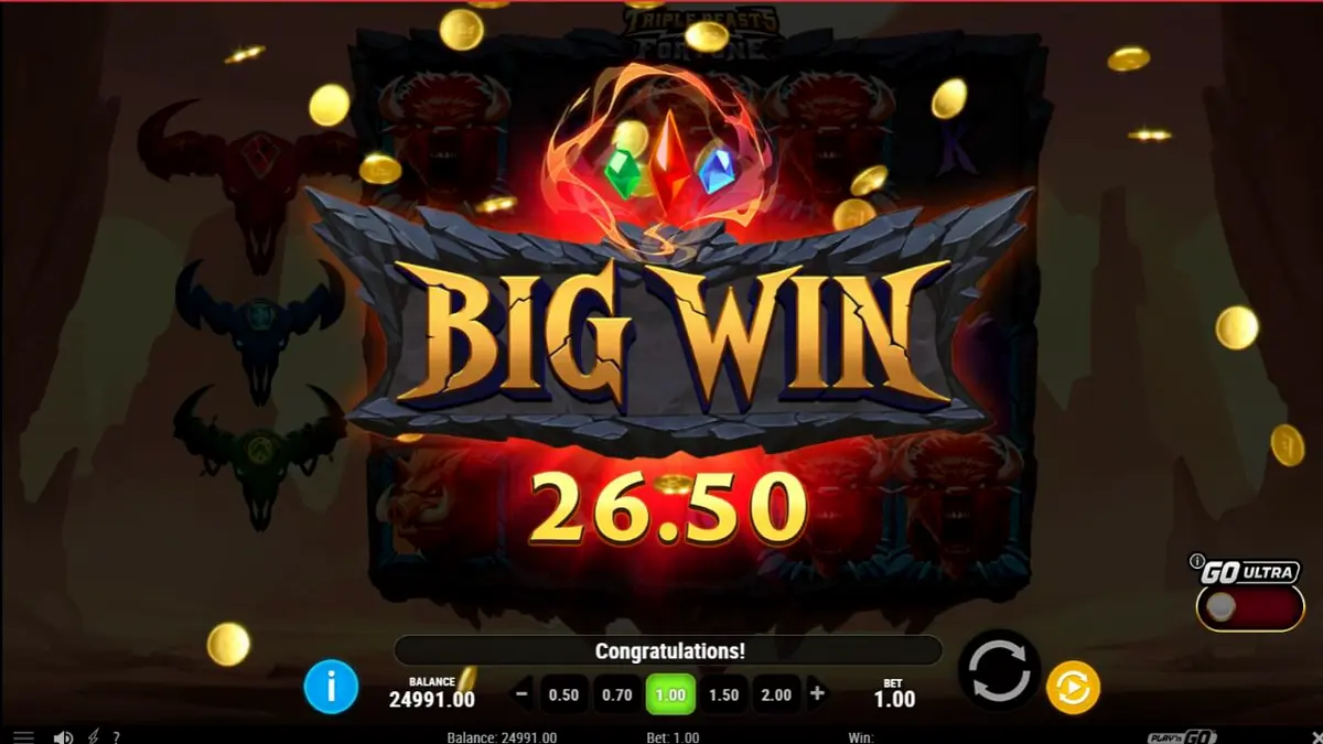 Tampilan visual slot Triple Beasts of Fortune dengan latar belakang ngarai prasejarah dan simbol hewan yang mendetail.